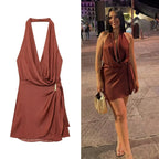 BSAY sexy jurk voor dames mode zomer nieuwe mouwloze rugloze bruine hangende halskraag chique vrouwelijke avondjurken mujer