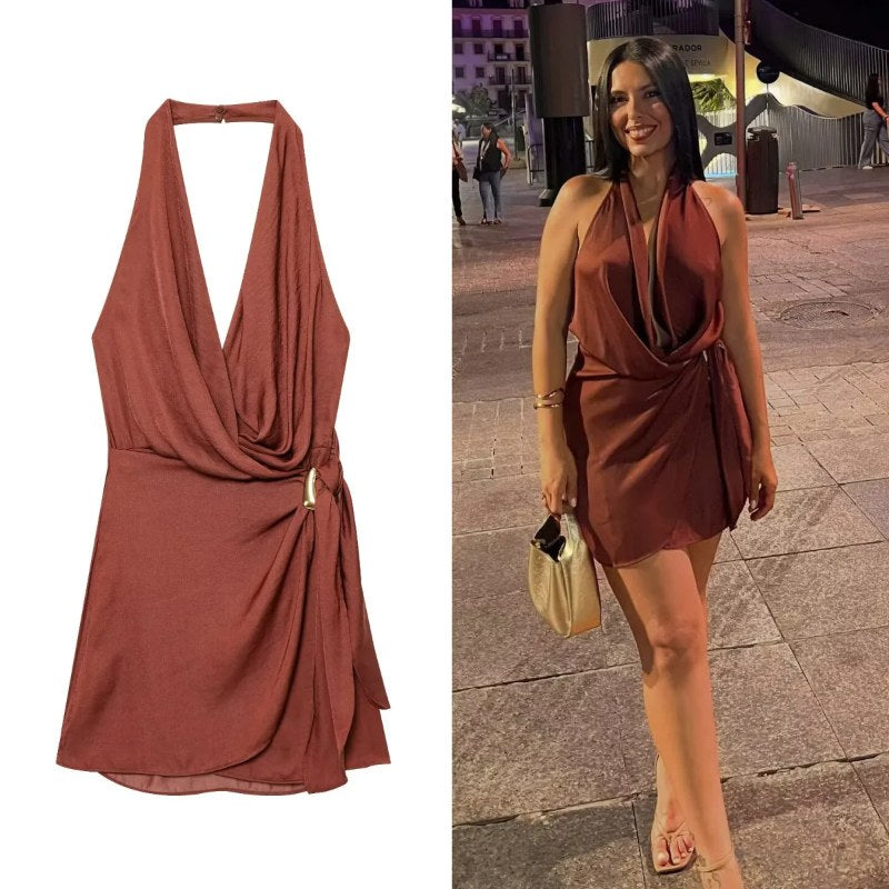 BSAY sexy jurk voor dames mode zomer nieuwe mouwloze rugloze bruine hangende halskraag chique vrouwelijke avondjurken mujer