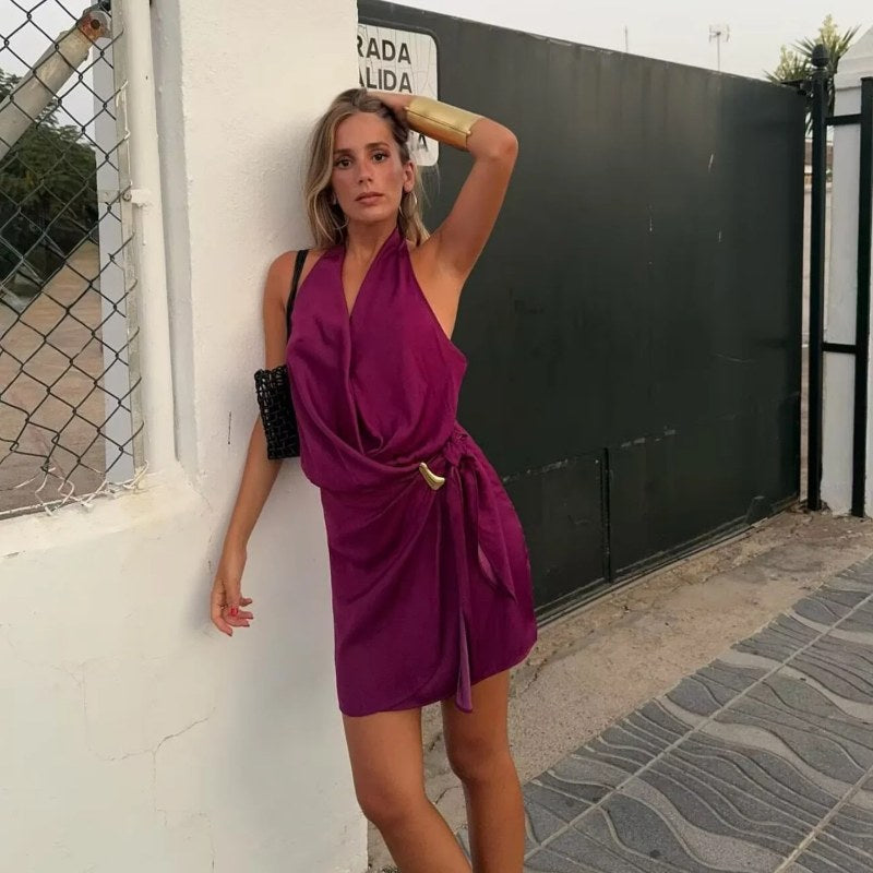 BSAY sexy jurk voor dames mode zomer nieuwe mouwloze rugloze bruine hangende halskraag chique vrouwelijke avondjurken mujer