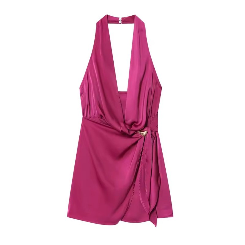 Elegant studentklänning halterneck omlott - Pink