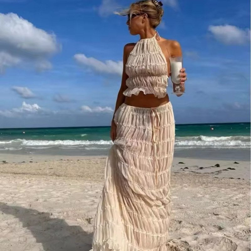 Elegant tvådelat set halterneck maxilängd - Cream