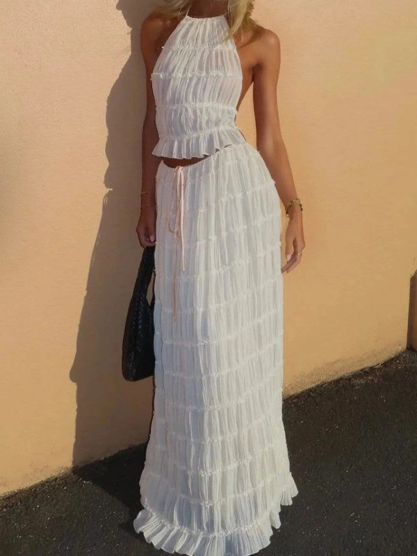 Mode Halter Hals Lange Rok Pak Vrouwen Backless Sling Top Lace Up Vouw Maxi Rokken 2024 Nieuwe Zomer Vrouwelijke 2-delige Set Outfits