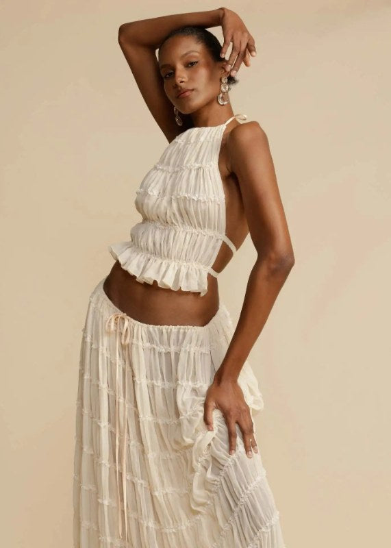 Mode Halter Hals Lange Rok Pak Vrouwen Backless Sling Top Lace Up Vouw Maxi Rokken 2024 Nieuwe Zomer Vrouwelijke 2-delige Set Outfits