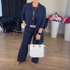 Elegante dameskleding 3-delige set herfst witte lange cardigan jas en wijde pijpen broek set t-shirt driedelig outfit vrouwen