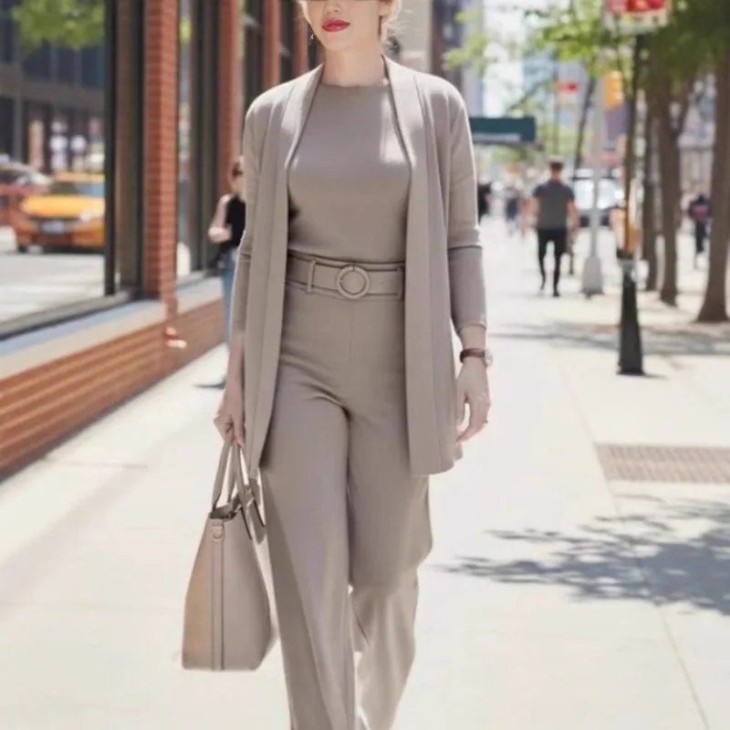 Elegante dameskleding 3-delige set herfst witte lange cardigan jas en wijde pijpen broek set t-shirt driedelig outfit vrouwen