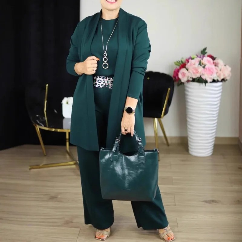 Elegante dameskleding 3-delige set herfst witte lange cardigan jas en wijde pijpen broek set t-shirt driedelig outfit vrouwen