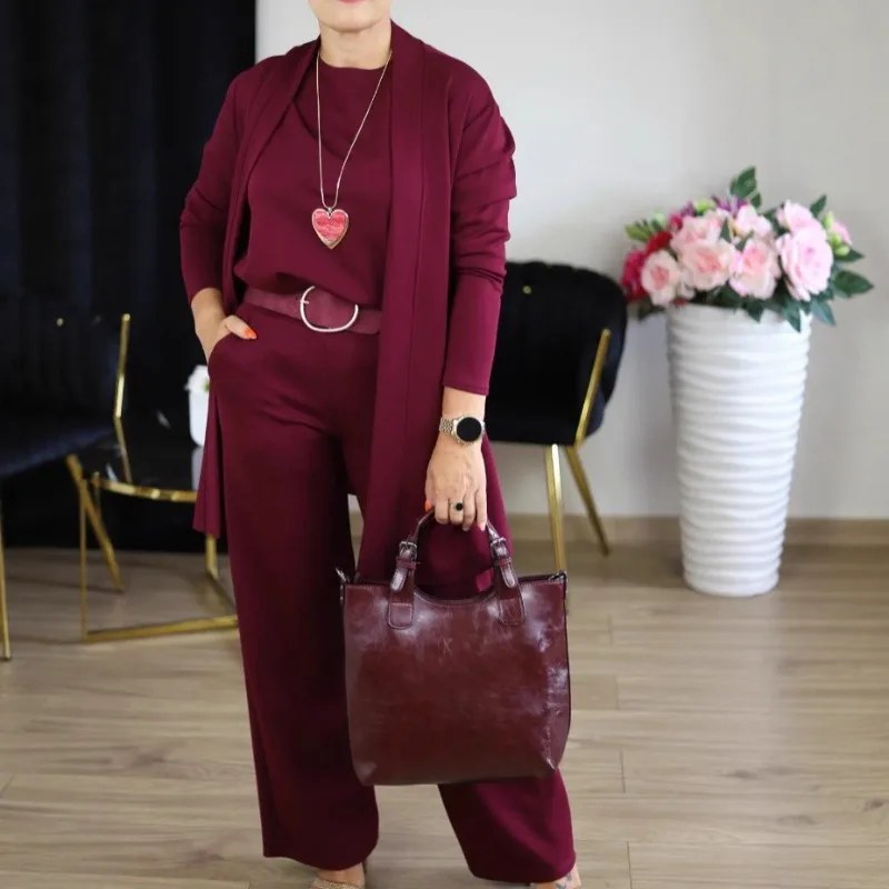 Elegante dameskleding 3-delige set herfst witte lange cardigan jas en wijde pijpen broek set t-shirt driedelig outfit vrouwen