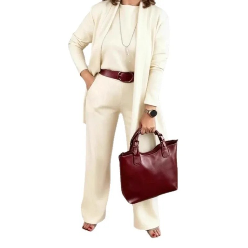 Elegante dameskleding 3-delige set herfst witte lange cardigan jas en wijde pijpen broek set t-shirt driedelig outfit vrouwen