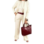Elegante dameskleding 3-delige set herfst witte lange cardigan jas en wijde pijpen broek set t-shirt driedelig outfit vrouwen