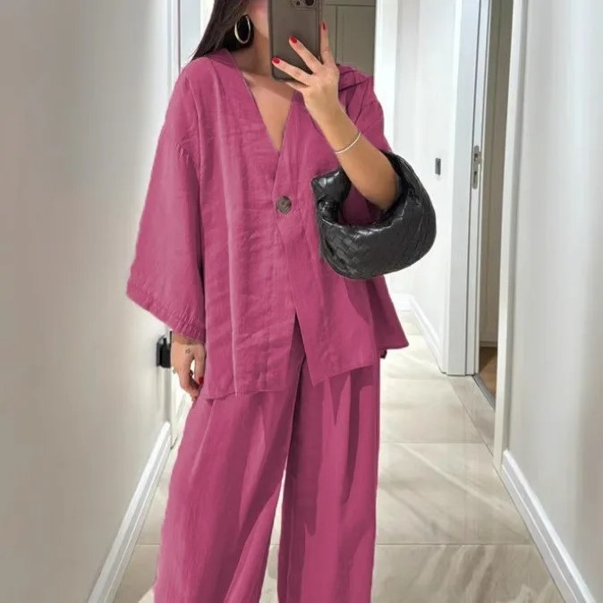 Lente Zomer Mode Katoen Dames Tweedelige Set Blend Blouse Dames Causale Losse Top Wijde Pijpen Broek 2-delige Sets Damesoutfits