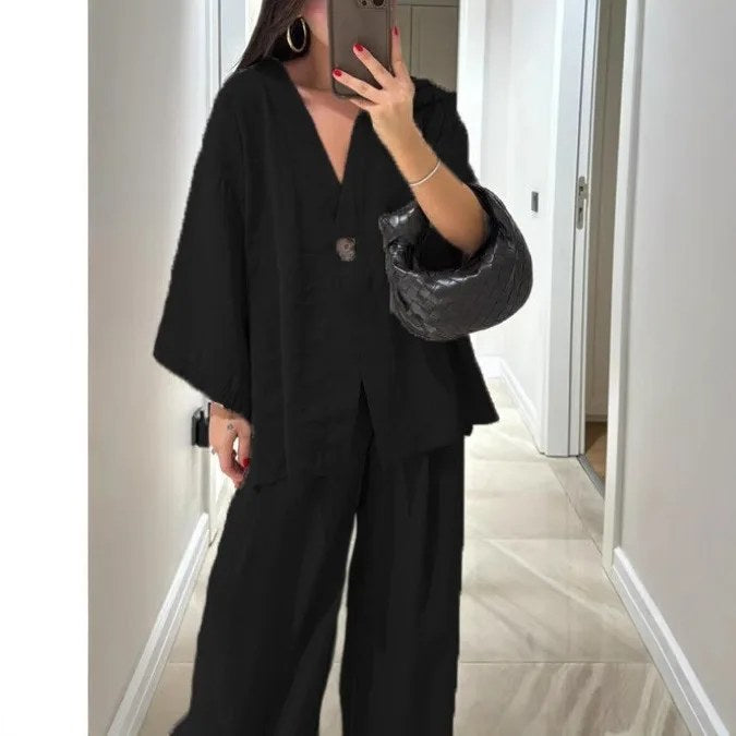 Lente Zomer Mode Katoen Dames Tweedelige Set Blend Blouse Dames Causale Losse Top Wijde Pijpen Broek 2-delige Sets Damesoutfits