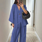 Lente Zomer Mode Katoen Dames Tweedelige Set Blend Blouse Dames Causale Losse Top Wijde Pijpen Broek 2-delige Sets Damesoutfits