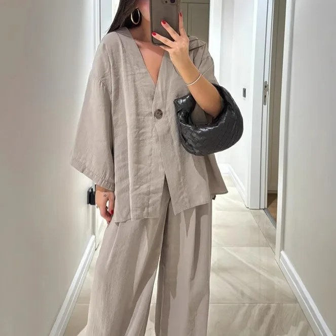Lente Zomer Mode Katoen Dames Tweedelige Set Blend Blouse Dames Causale Losse Top Wijde Pijpen Broek 2-delige Sets Damesoutfits