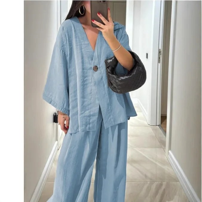 Lente Zomer Mode Katoen Dames Tweedelige Set Blend Blouse Dames Causale Losse Top Wijde Pijpen Broek 2-delige Sets Damesoutfits