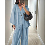 Lente Zomer Mode Katoen Dames Tweedelige Set Blend Blouse Dames Causale Losse Top Wijde Pijpen Broek 2-delige Sets Damesoutfits