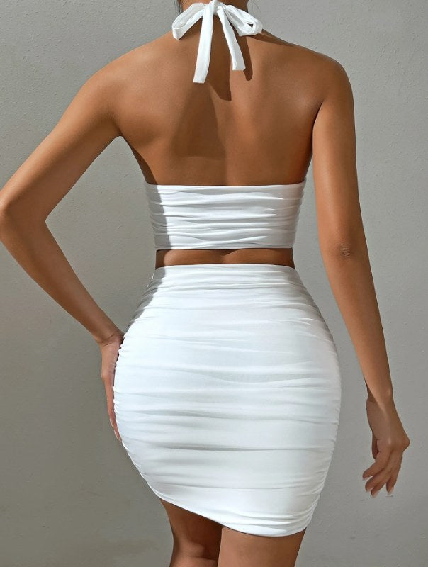 Vrouwen Wit Sexy Halter Hals Mouwloos Backless Tweedelige Set Strapless Geplooide Slanke Bodycon Avondjurken