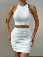 Vrouwen Wit Sexy Halter Hals Mouwloos Backless Tweedelige Set Strapless Geplooide Slanke Bodycon Avondjurken