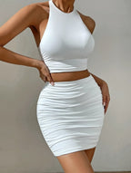 Vrouwen Wit Sexy Halter Hals Mouwloos Backless Tweedelige Set Strapless Geplooide Slanke Bodycon Avondjurken