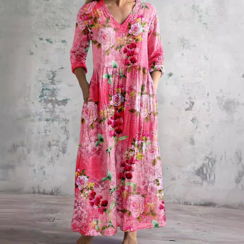 Elegant v-ringad maxiklänning med blommönster och långa ärmar - Light Pink