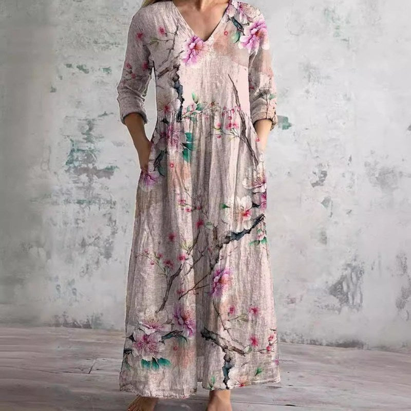 Elegant v-ringad maxiklänning med blommönster och långa ärmar - Pink