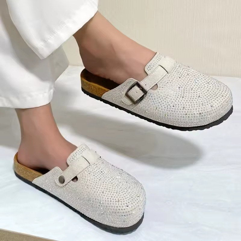Eleganta mules med strass och spänne - Beige