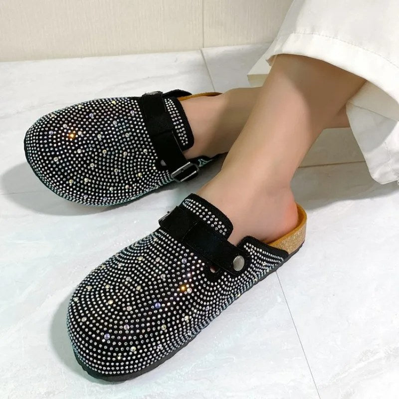 Eleganta mules med strass och spänne - Black