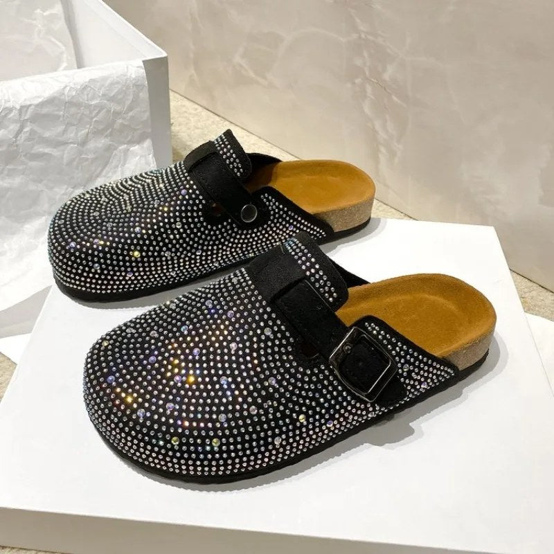 Glanzende strass buitenpantoffels damesschoenen 2026 zomertrend luxe plateau sandalen zwarte gespsluiting kurk klomp luxe muiltjes