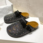 Glanzende strass buitenpantoffels damesschoenen 2026 zomertrend luxe plateau sandalen zwarte gespsluiting kurk klomp luxe muiltjes