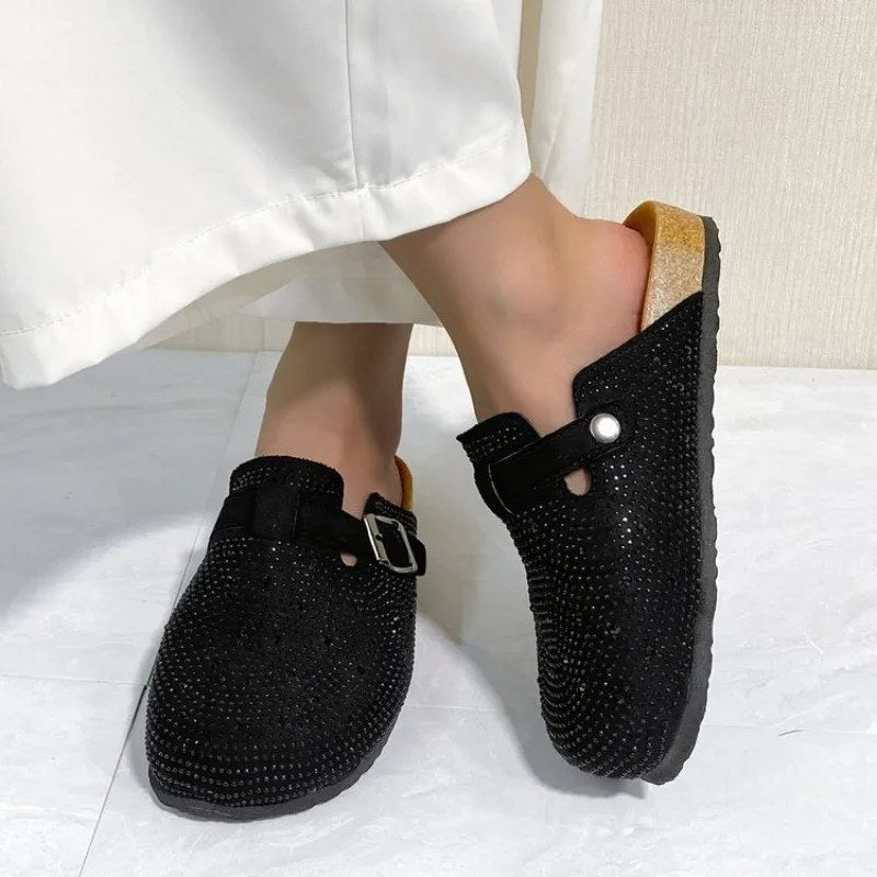 Glanzende strass buitenpantoffels damesschoenen 2026 zomertrend luxe plateau sandalen zwarte gespsluiting kurk klomp luxe muiltjes
