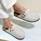 Glanzende strass buitenpantoffels damesschoenen 2026 zomertrend luxe plateau sandalen zwarte gespsluiting kurk klomp luxe muiltjes