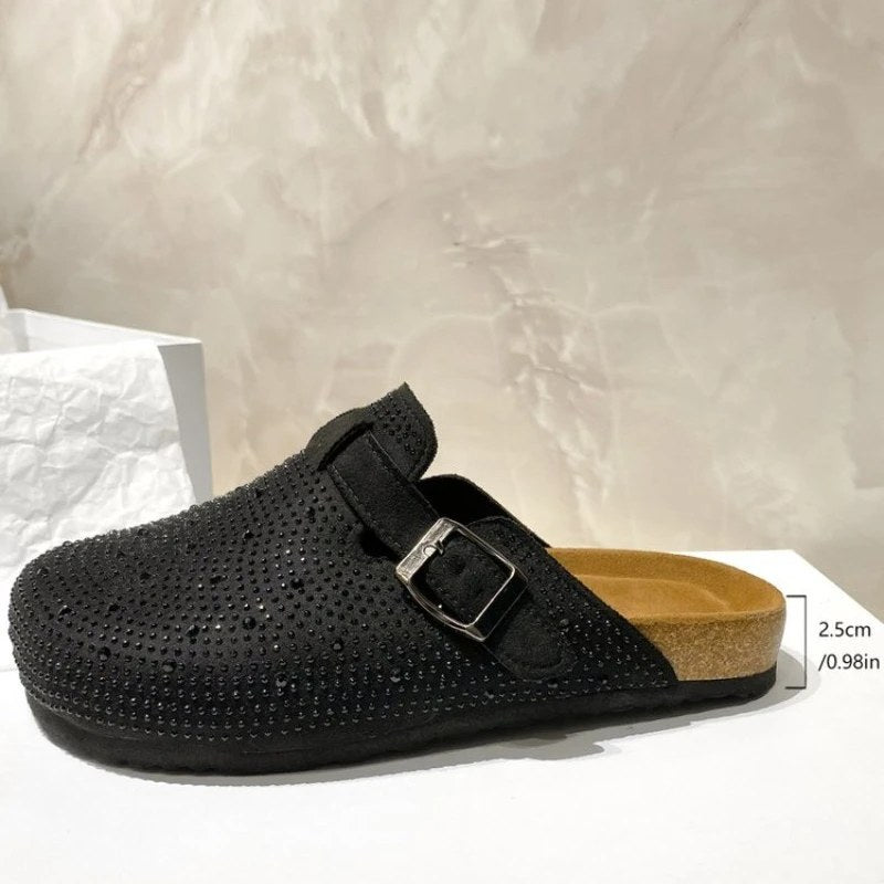 Glanzende strass buitenpantoffels damesschoenen 2026 zomertrend luxe plateau sandalen zwarte gespsluiting kurk klomp luxe muiltjes