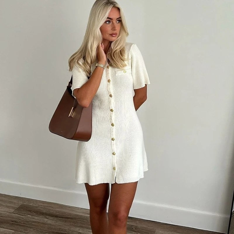 Witte elegante gebreide mini-jurk voor vrouwen metalen knop sexy slanke rib trui jurk vakantie feestoutfits herfst 2024 nieuw