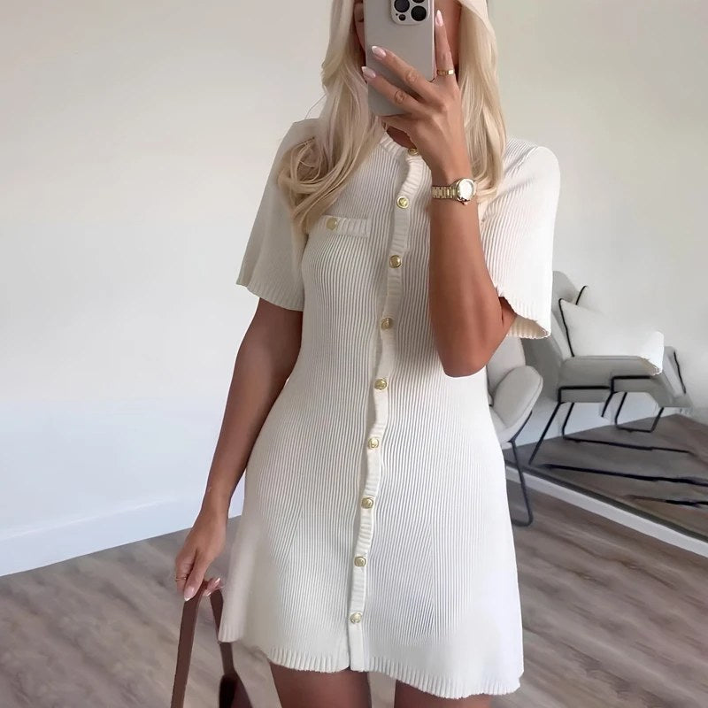 Witte elegante gebreide mini-jurk voor vrouwen metalen knop sexy slanke rib trui jurk vakantie feestoutfits herfst 2024 nieuw
