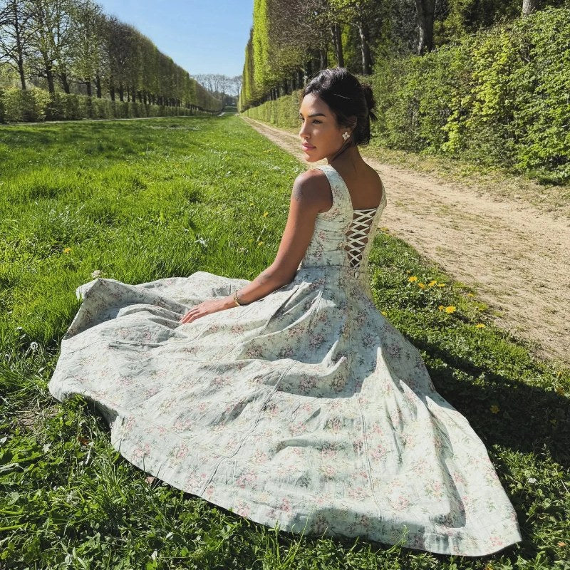 Suninheart zomer elegante veterjurk 2025, nieuwkomers bloemenprint midi-jurk dames sexy jurk voor vakantie verjaardag