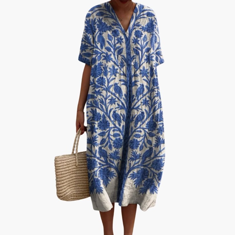 Luftig kaftan kortärmad v-ringad midilängd - Blue