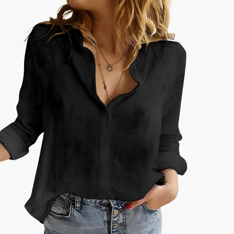 Luftig långärmad linneskjorta dam elegant - Black