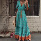 Happie Queens Mode Vrouwen Bloemenprint V-hals Rayon Katoen Beach Bohemian Jurken Dames Kwastje Zomer Boho Maxi Jurk