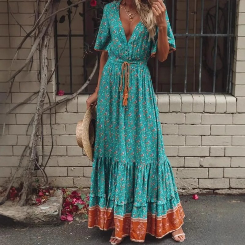 Happie Queens Mode Vrouwen Bloemenprint V-hals Rayon Katoen Beach Bohemian Jurken Dames Kwastje Zomer Boho Maxi Jurk