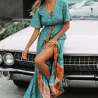 Happie Queens Mode Vrouwen Bloemenprint V-hals Rayon Katoen Beach Bohemian Jurken Dames Kwastje Zomer Boho Maxi Jurk