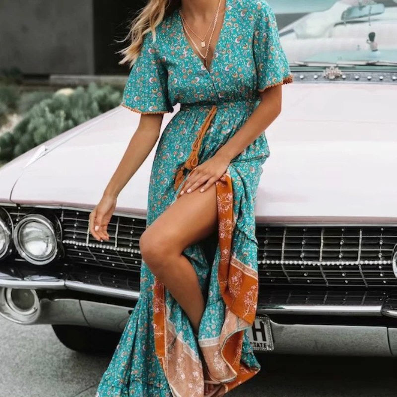 Happie Queens Mode Vrouwen Bloemenprint V-hals Rayon Katoen Beach Bohemian Jurken Dames Kwastje Zomer Boho Maxi Jurk