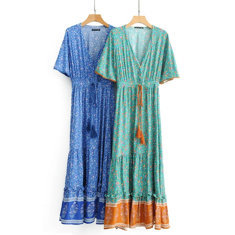 Happie Queens Mode Vrouwen Bloemenprint V-hals Rayon Katoen Beach Bohemian Jurken Dames Kwastje Zomer Boho Maxi Jurk