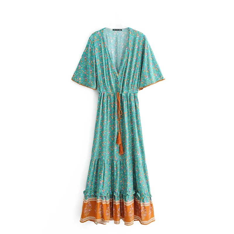 Happie Queens Mode Vrouwen Bloemenprint V-hals Rayon Katoen Beach Bohemian Jurken Dames Kwastje Zomer Boho Maxi Jurk