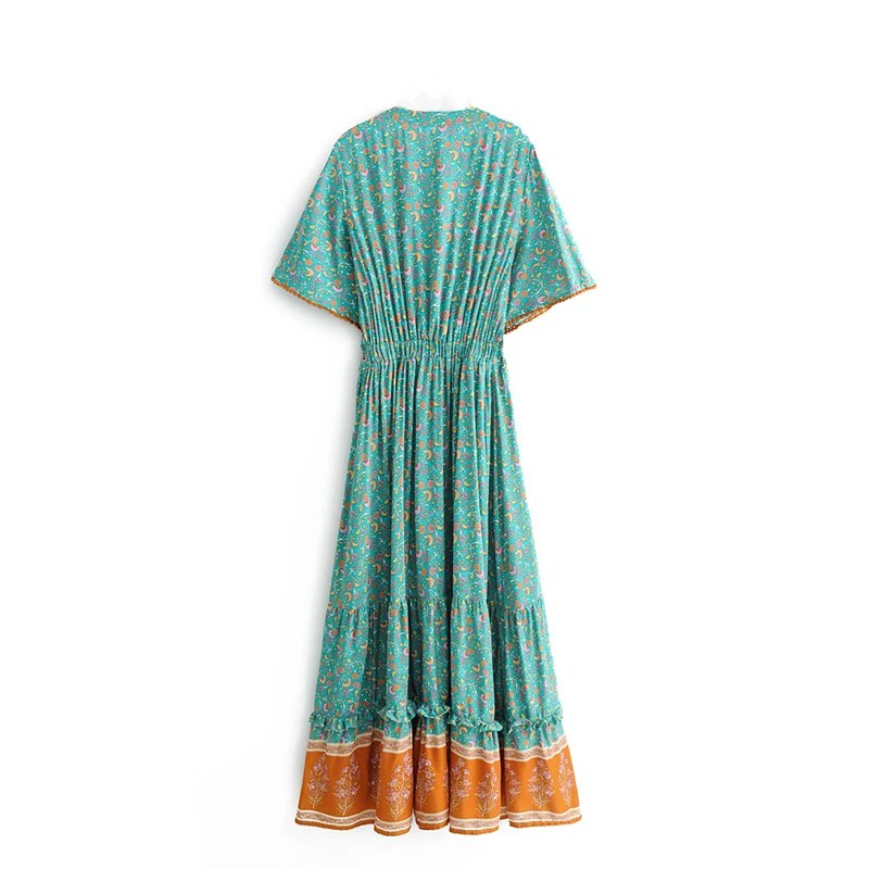 Happie Queens Mode Vrouwen Bloemenprint V-hals Rayon Katoen Beach Bohemian Jurken Dames Kwastje Zomer Boho Maxi Jurk
