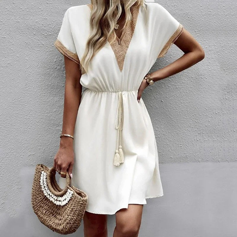 Zomer effen korte mouw kanten v-hals tailleband vrouwelijke strand midi korte jurk elegante dames zoete witte effen kleur jurken