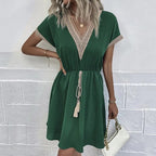 Zomer effen korte mouw kanten v-hals tailleband vrouwelijke strand midi korte jurk elegante dames zoete witte effen kleur jurken