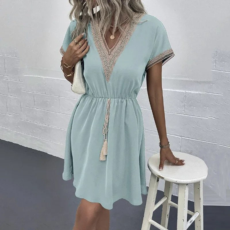 Zomer effen korte mouw kanten v-hals tailleband vrouwelijke strand midi korte jurk elegante dames zoete witte effen kleur jurken