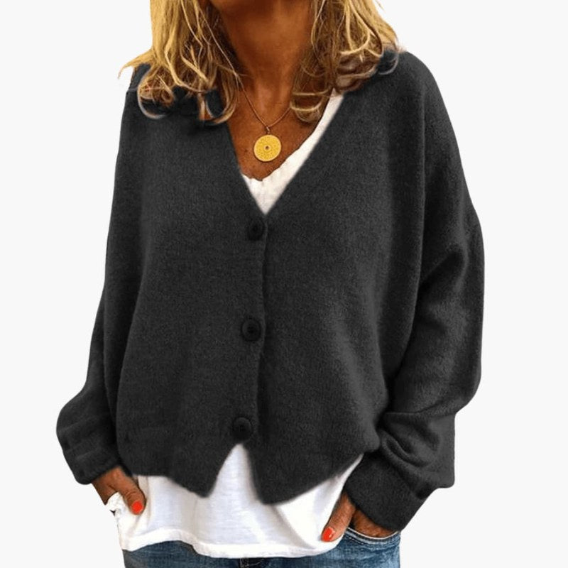 Mjuk långärmad kofta med knappstängning elegant damstil - Black