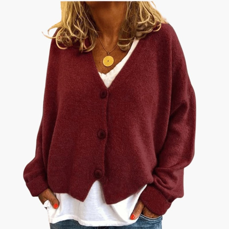 Mjuk långärmad kofta med knappstängning elegant damstil - Burgundy