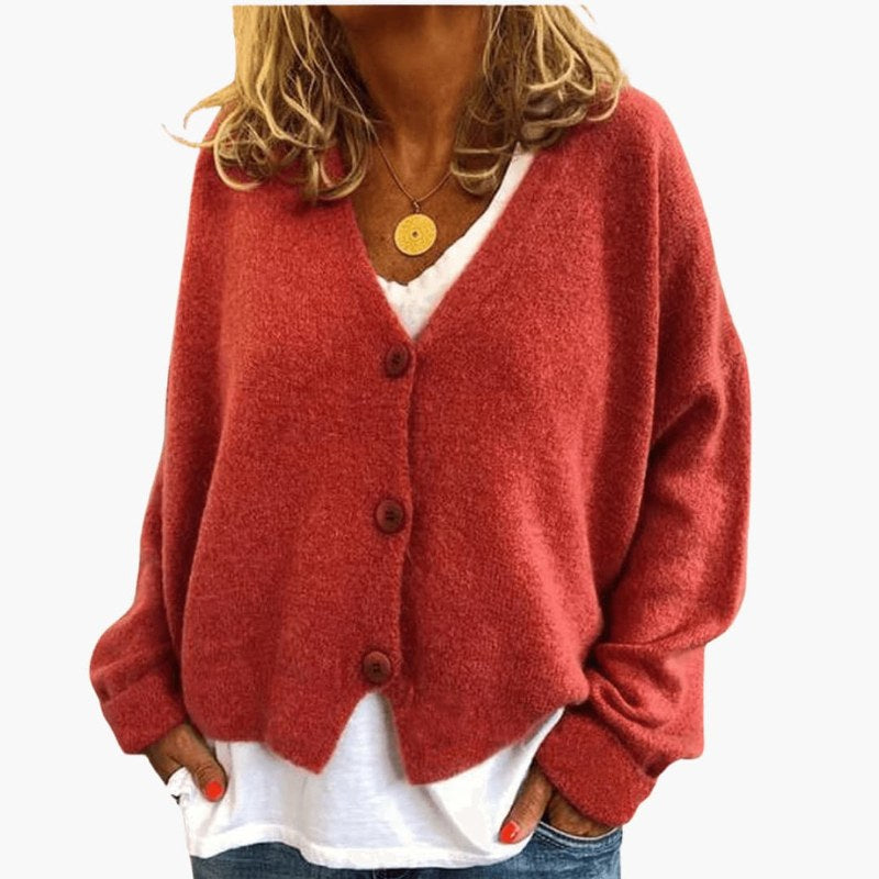 Mjuk långärmad kofta med knappstängning elegant damstil - Red