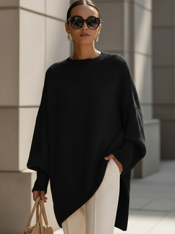 Mjuk tröja dam bekväm oversize stickad poncho - Black